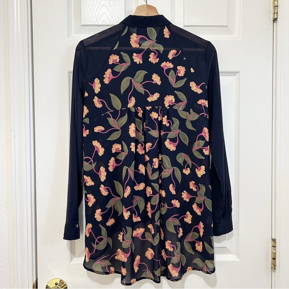 Maeve Anthropologie Top Womens 2 Navy Blue Floral Ira Pintuck Blouse Adult - Picture 2 of 8